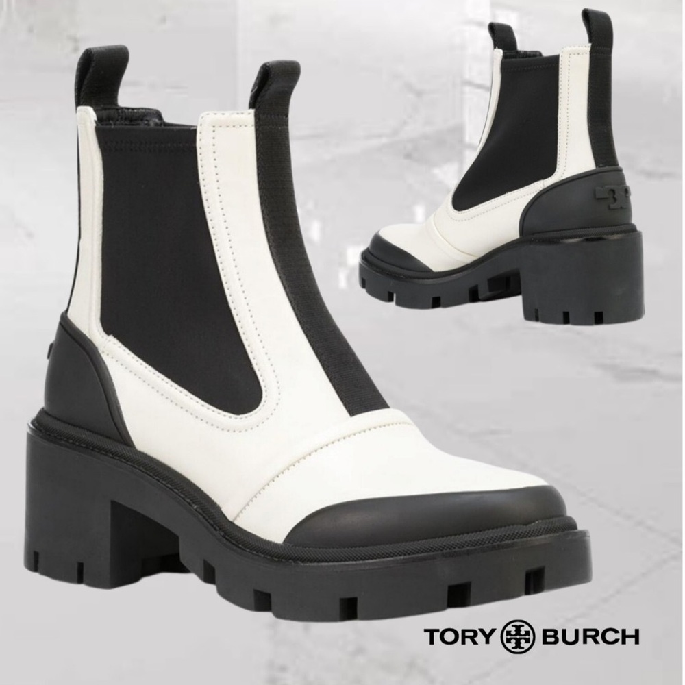 Tory Burch Women's Lug-Sole Chelsea Boots Ivory & Black, Size 9 1/2